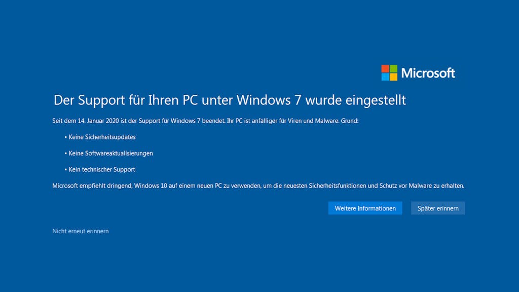 Der offizielle Support für Windows 7 endete bereits am 14. Januar 2020